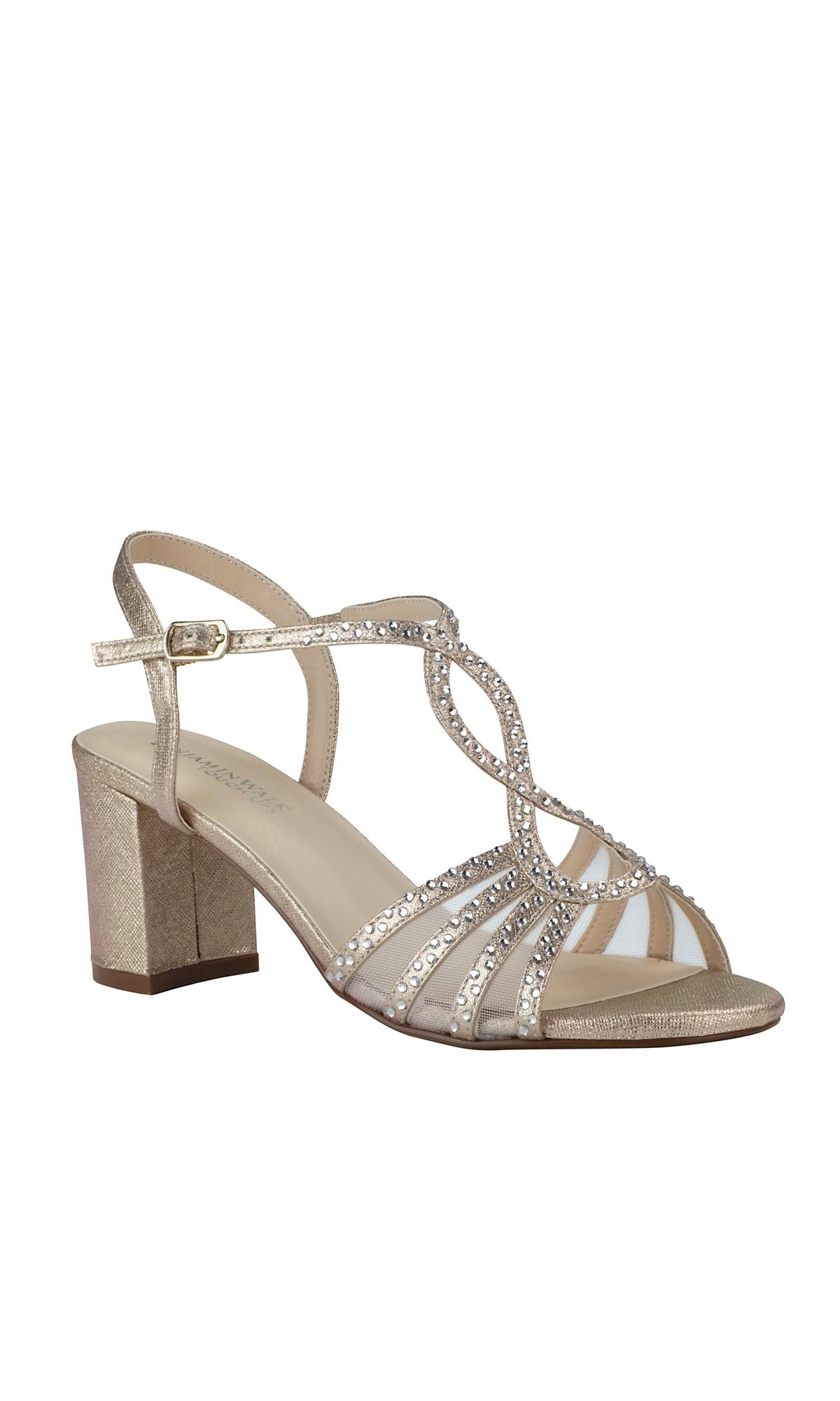 The Anna Champagne Prom Shoes 4546 by Touch Ups are gold open-toe sandals with a mid block heel, strappy rhinestone design, and an ankle strap with buckle—perfect as chic rhinestone prom shoes.